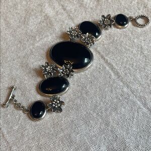 Vintage Sterling Silver .925 Mexico and Black Onyx Floral Chain Toggle Bracelet
